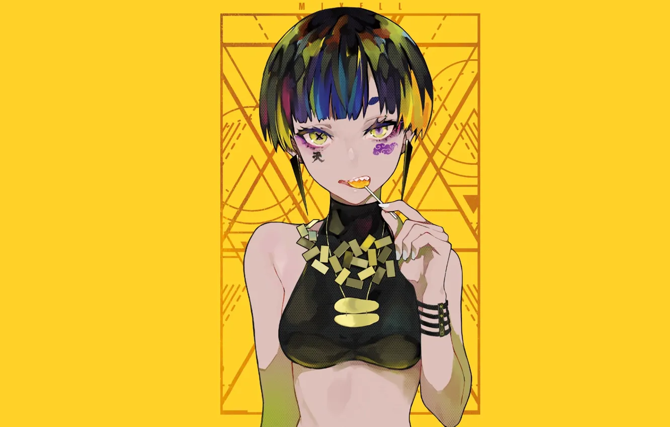 Фото обои взгляд, anime, black top, аниме, yellow background, anime girl, украшения, digital art