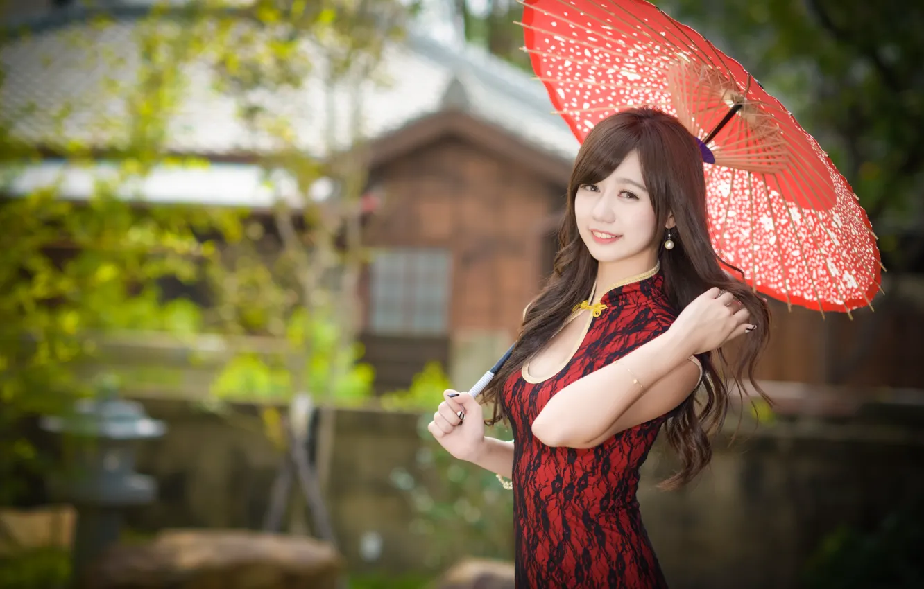 Фото обои взгляд, зонтик, платье, азиатка, милашка