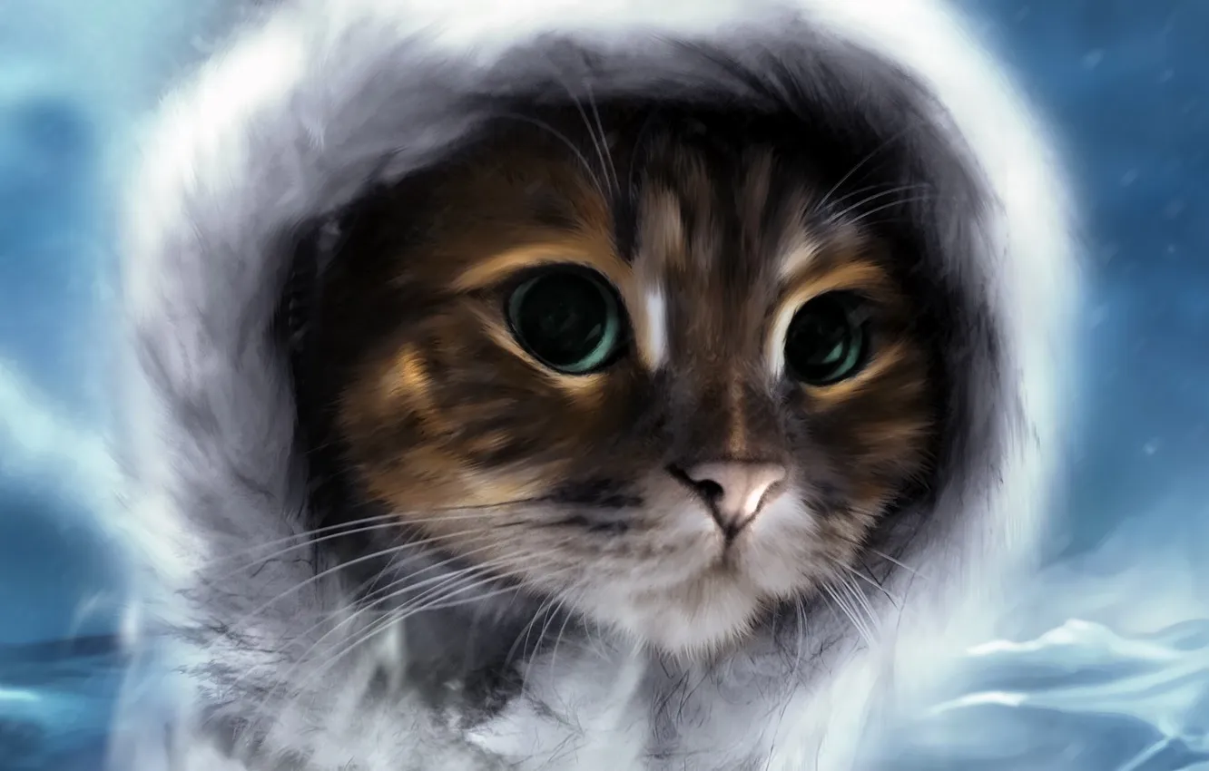Фото обои зима, кошка, кот, горы, фон, капюшон, мех, живопись