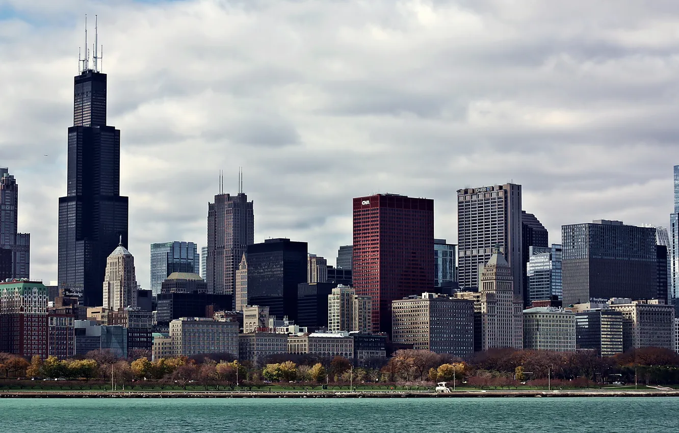Фото обои город, небоскребы, Чикаго, озеро Мичиган, Иллиноис