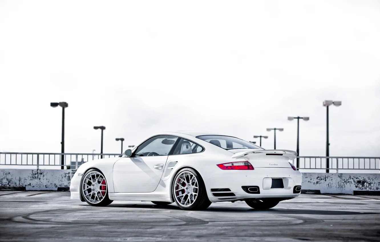 Фото обои белый, 997, Porsche, white, порше, Turbo, задняя часть, турбо