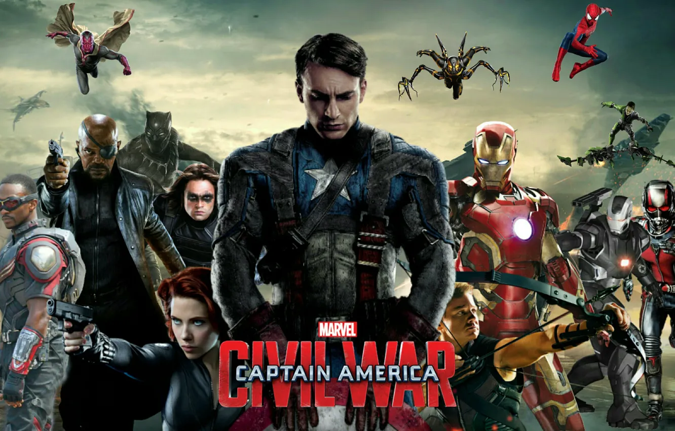 Фото обои Сокол, Captain America, spider man, Черная Вдова, ник фьюри, Ant-Man, Соколиный Глаз, Вижн