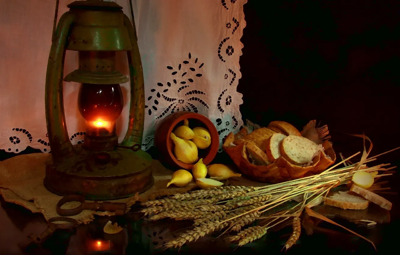 Фото обои пшеница, лампа, лук, хлеб, натюрморт, деревенская еда