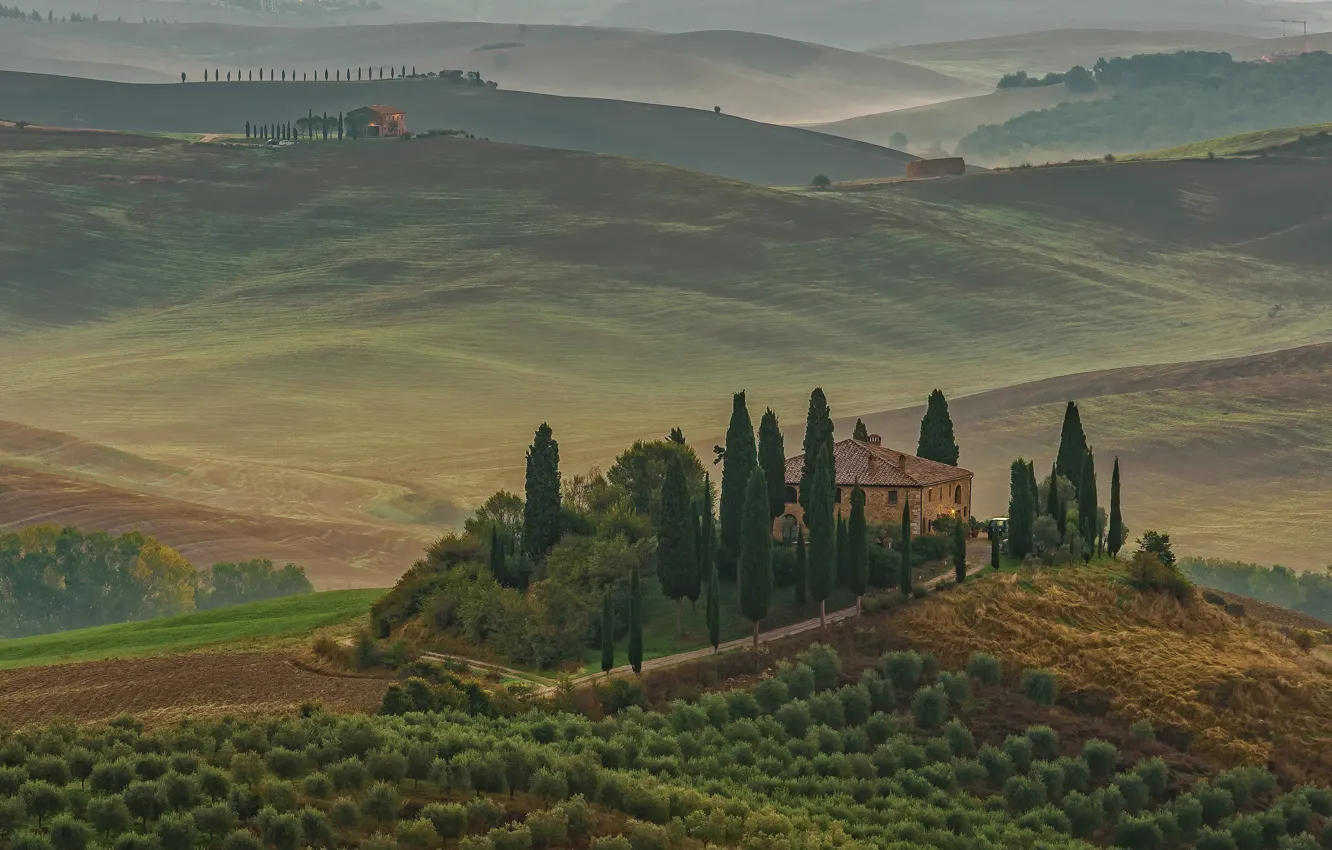 Фото обои дом, холмы, поля, Италия, Тоскана