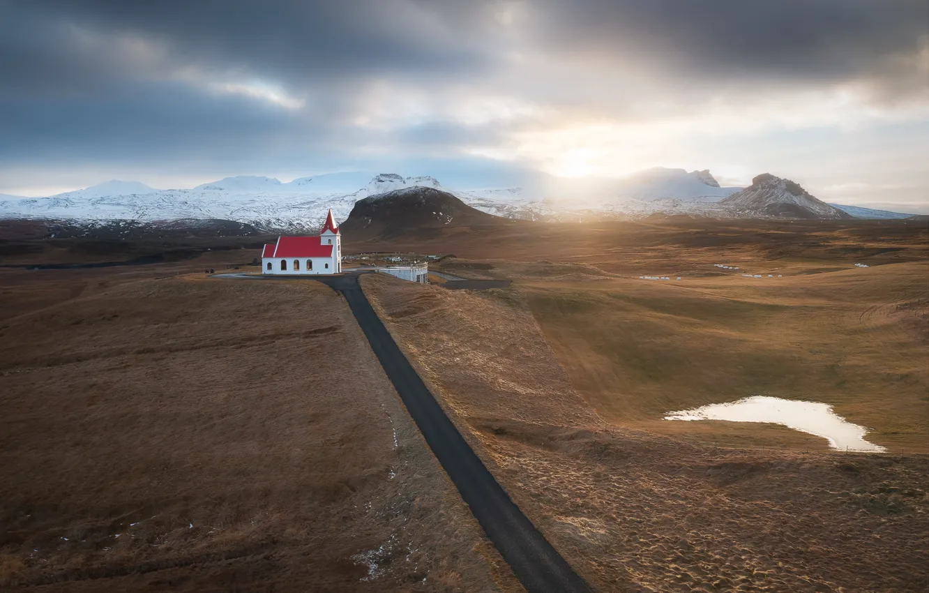 Фото обои дорога, утро, храм