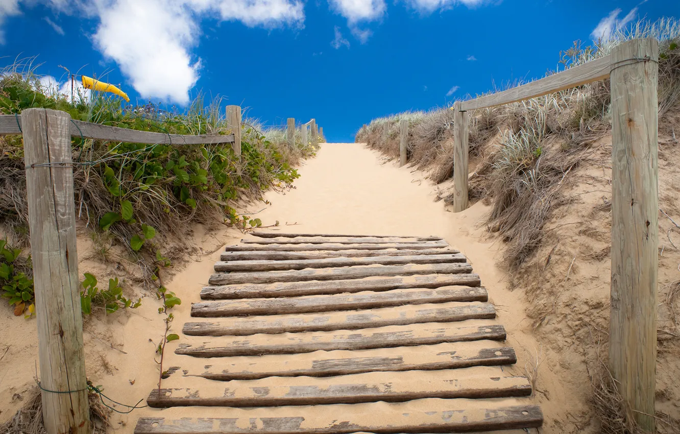 Фото обои дорога, песок, небо, пейзаж, остров, Австралия, лестница, мостик