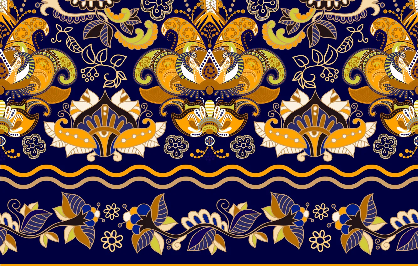 Фото обои желтый, узор, текстура, wallpaper, орнамент, синий фон, Colorful, floral