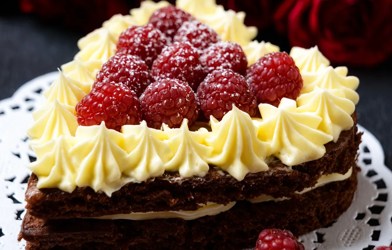 Фото обои ягоды, малина, торт, крем, сладкое, Valentine's Day, cakes, sweets