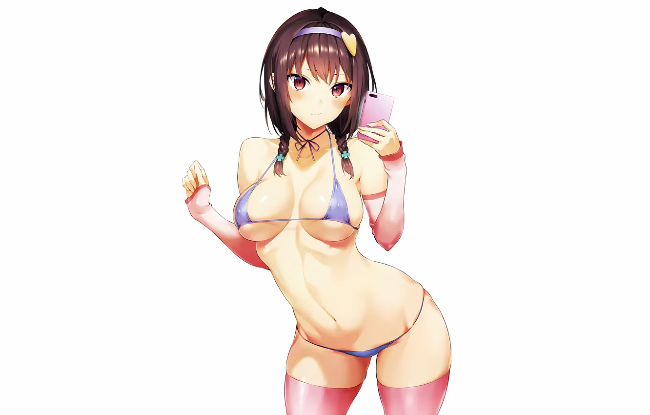 Фото обои girl, sexy, thighhighs, brown hair, boobs, anime, beautiful, twintails