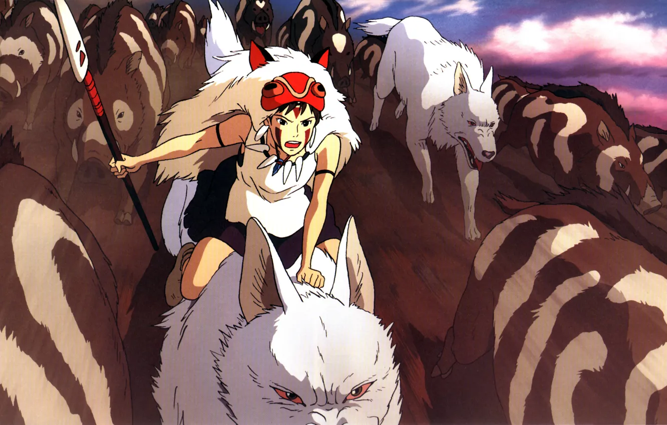 Фото обои атака, погоня, маска, клыки, копье, Moro, Princess Mononoke, верхом