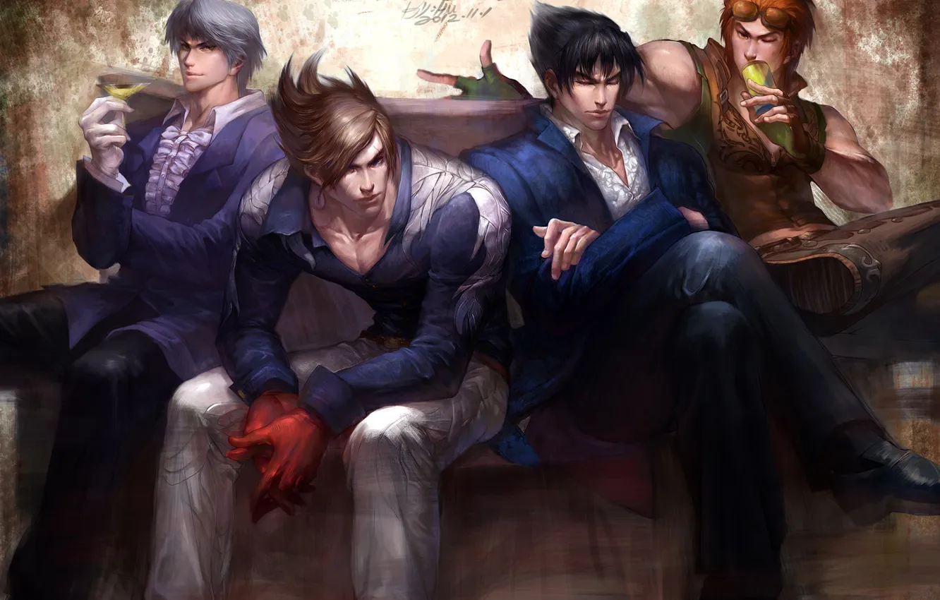 Фото обои взгляд, улыбка, напиток, парни, жест, art, namco, tekken