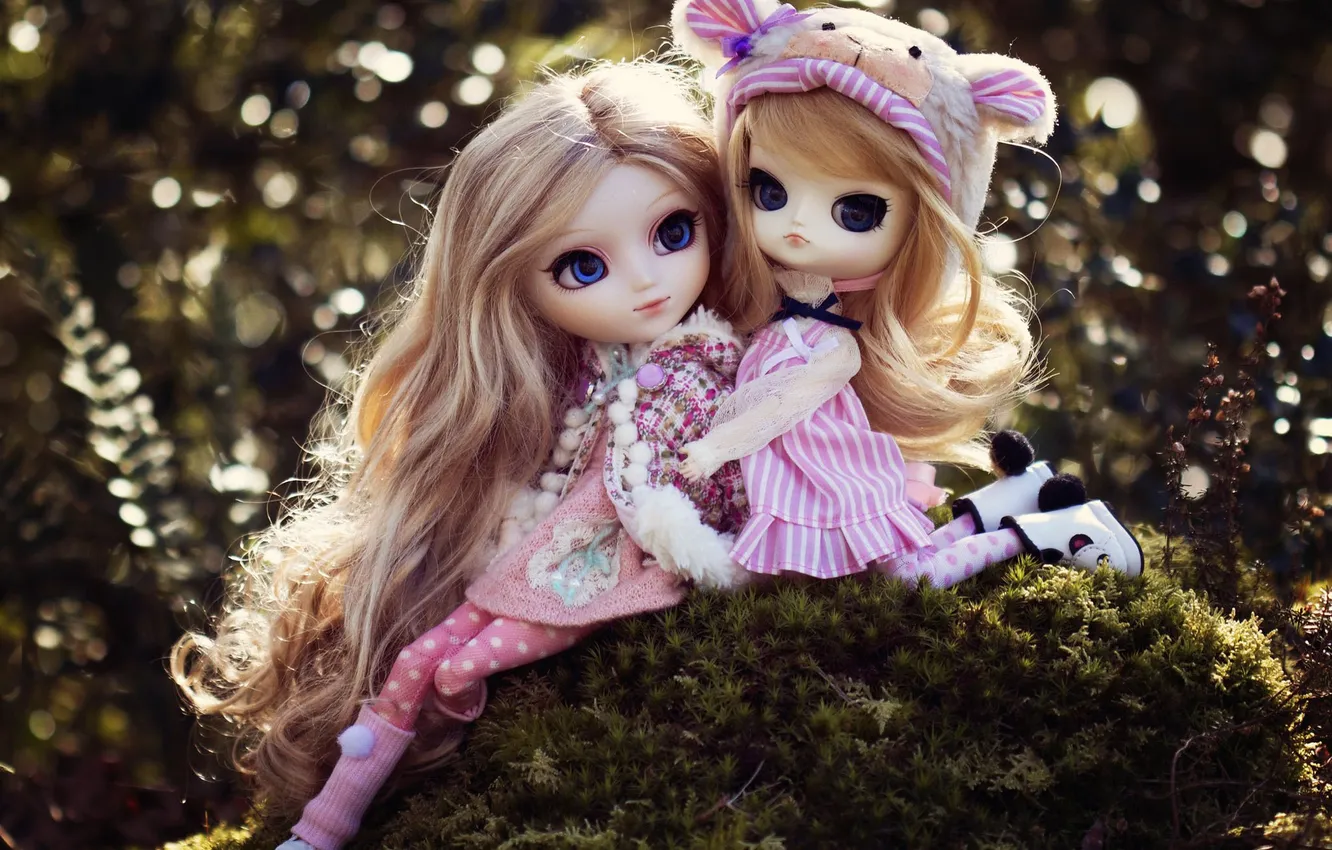 Фото обои природа, девочки, игрушки, куклы, сидят, длинные волосы