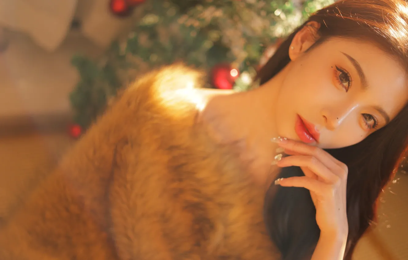 Фото обои Beautiful, Asian, Model, Woman, Pretty, Fur, Close Up, Close Shot