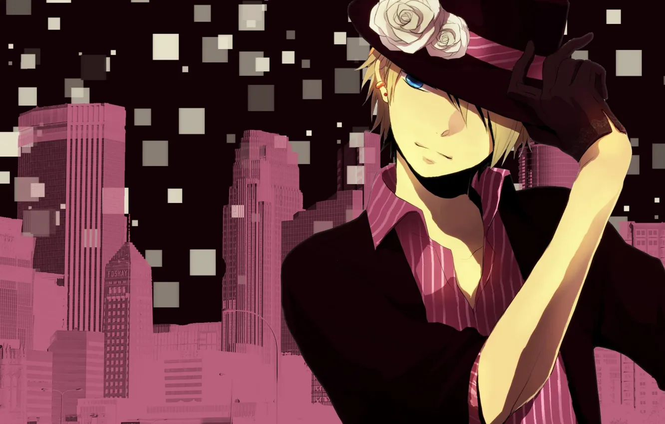 Фото обои полоска, небоскребы, шляпа, квадраты, перчатка, Uta no Prince-sama, Shou Kurusu