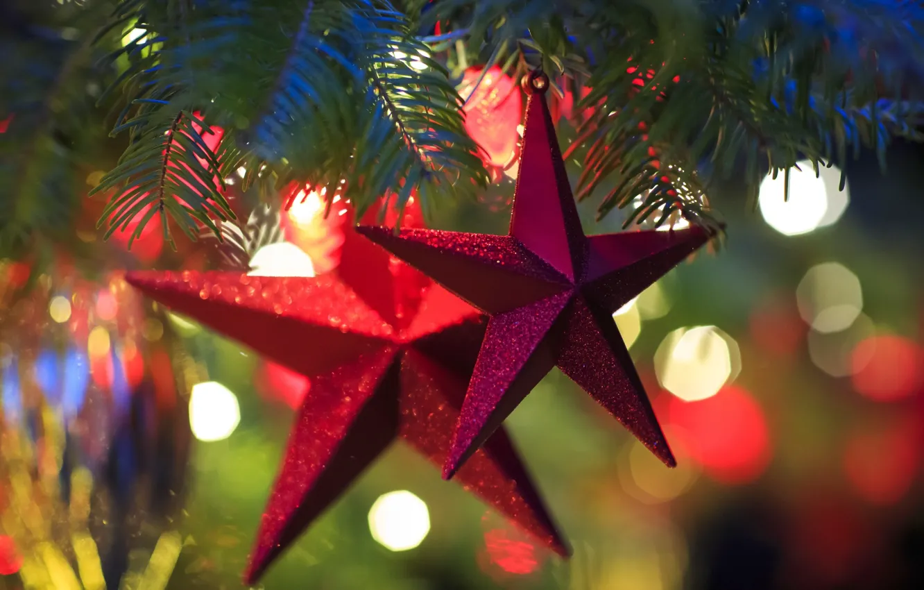 Фото обои звезды, огни, праздник, игрушки, елка