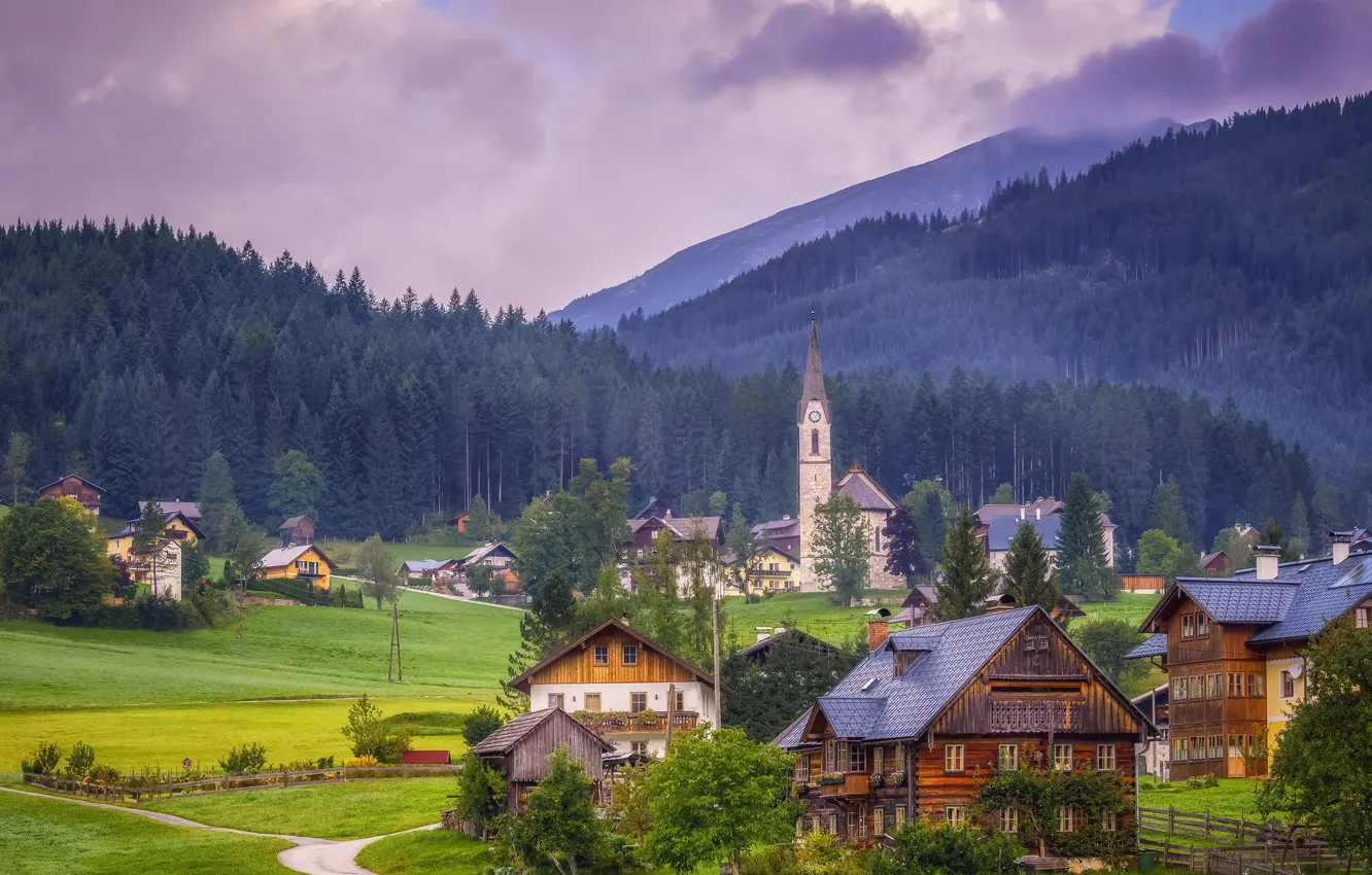 Фото обои горы, дома, Австрия, долина, коровы, Альпы, церковь, Austria