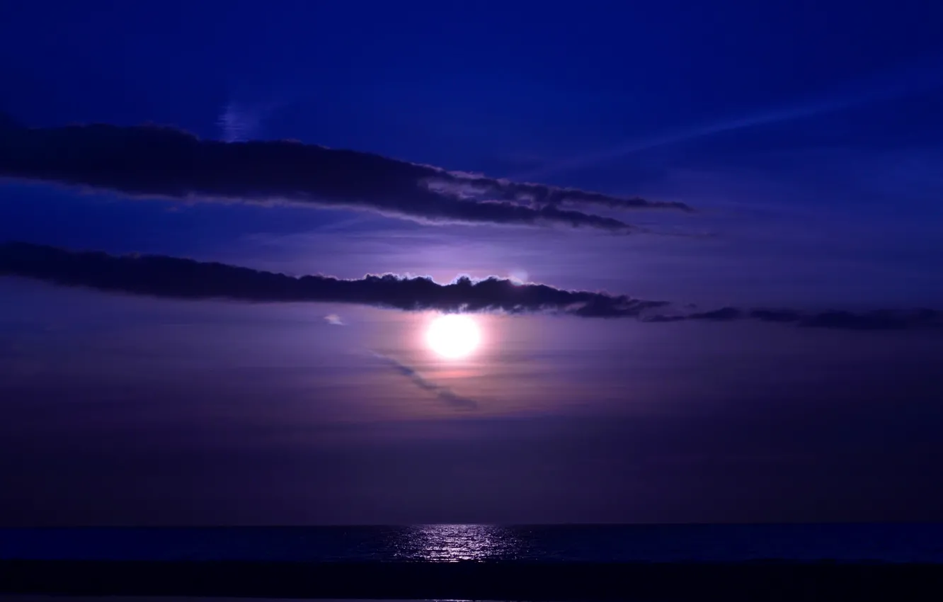 Фото обои море, волны, облака, ночь, луна