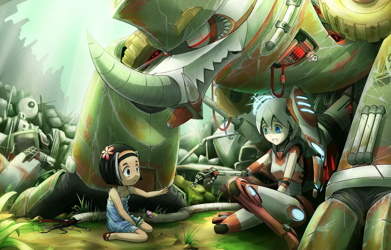 Фото обои робот, аниме, арт, девочка