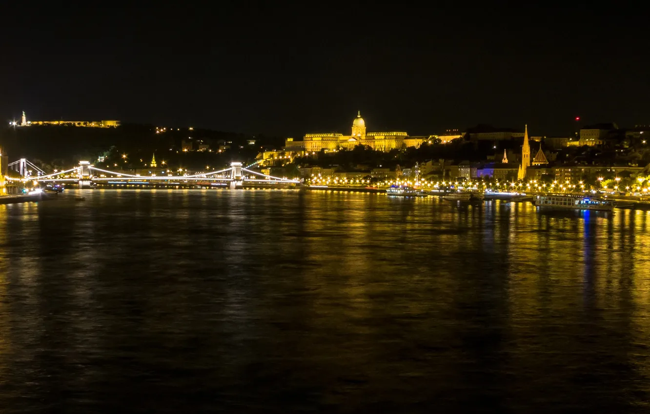 Фото обои ночь, огни, река, панорама, парламент, Венгрия, Будапешт, Дунай