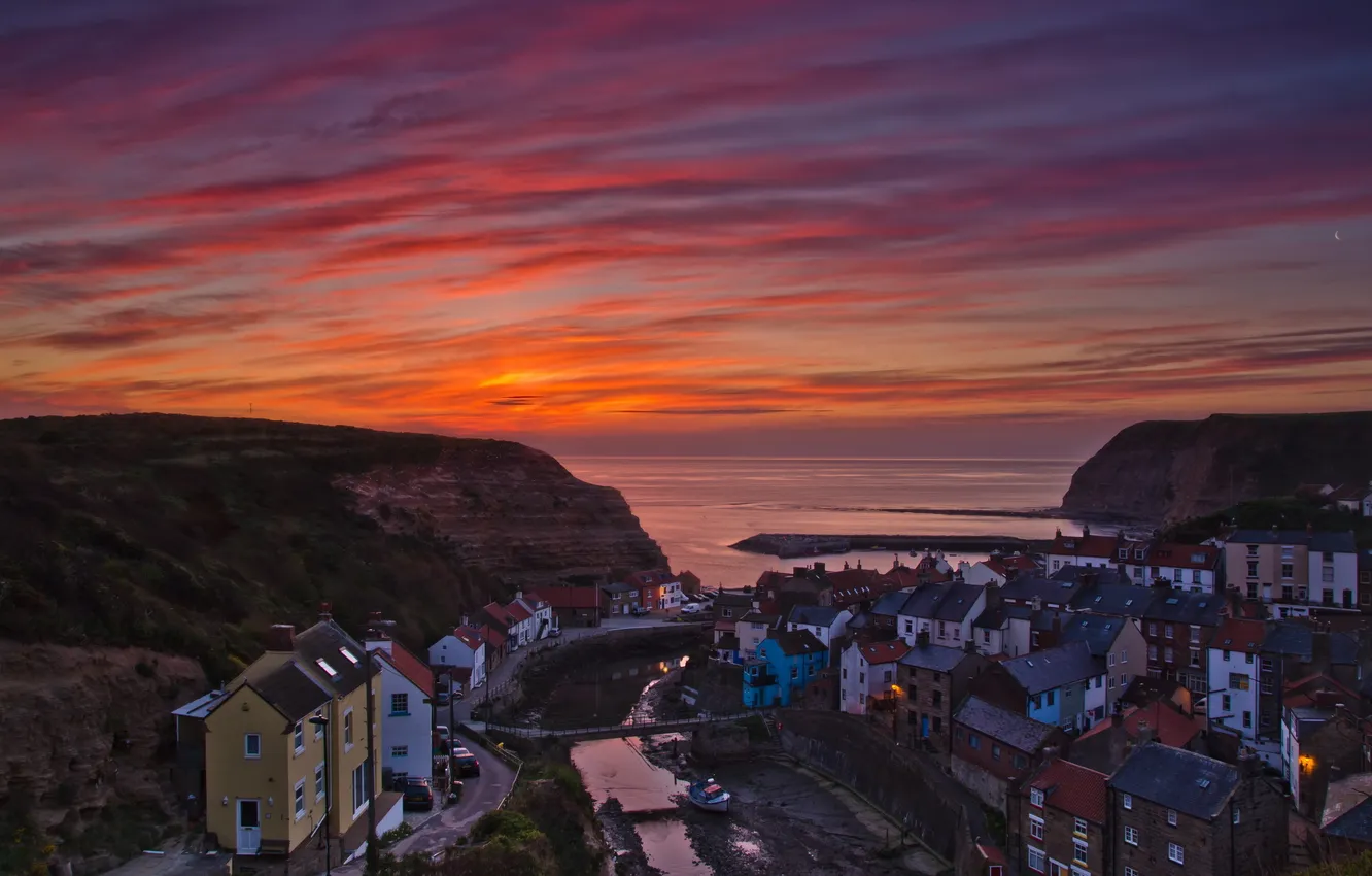 Фото обои закат, England, Staithes