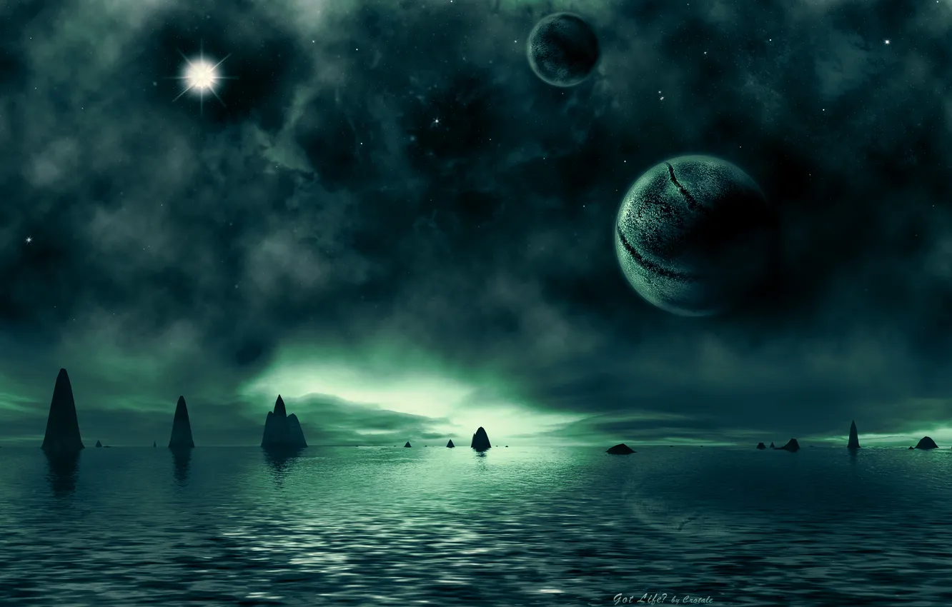 Фото обои green, sea, water, rocks, sci fi landscapes