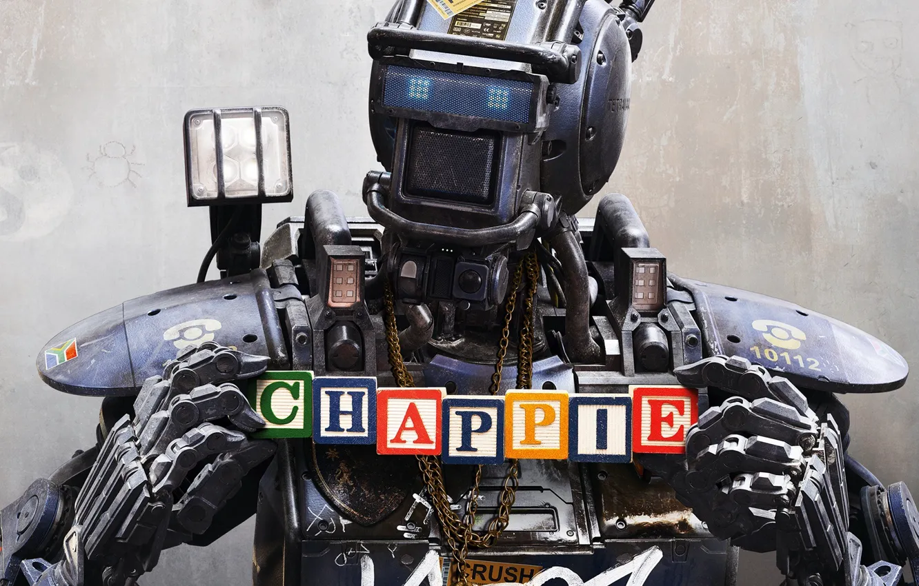 Фото обои фильм, кубики, робот, Chappie, Робот по имени Чаппи, Чаппи