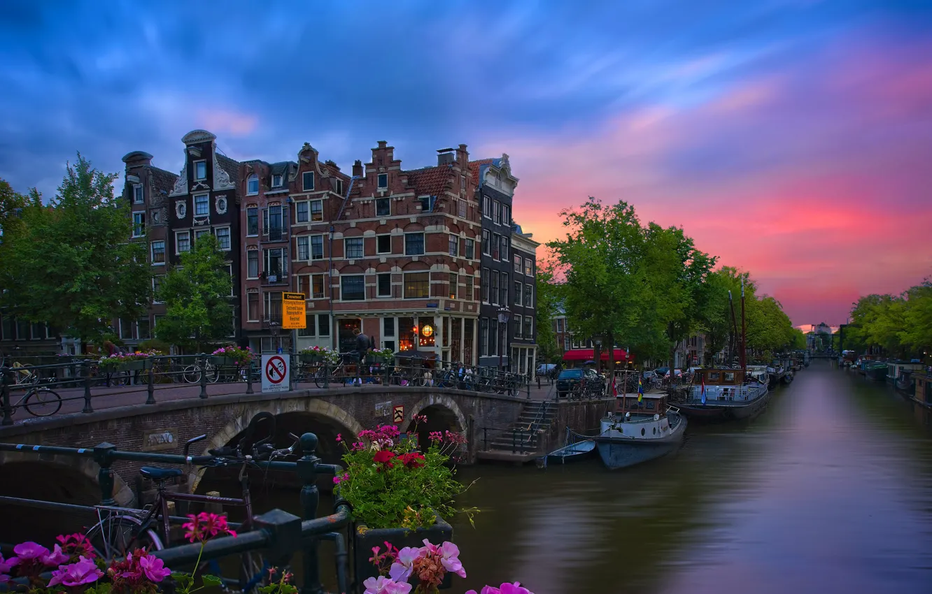 Фото обои закат, цветы, мост, город, здания, дома, лодки, Амстердам