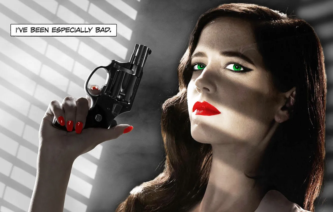 Фото обои женщина, окно, Sin City, Город грехов, револьвер в руках