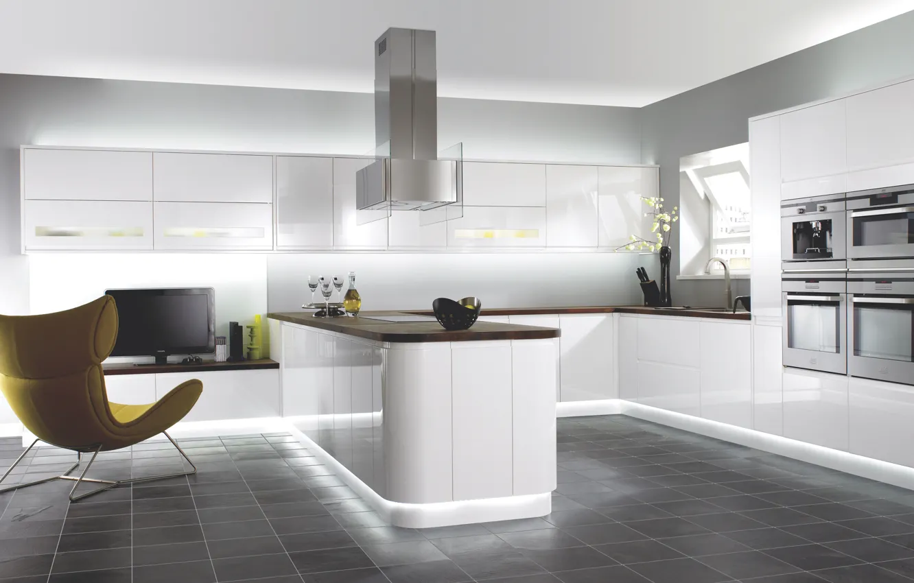 Фото обои дизайн, стиль, комната, дома, интерьер, кухня, white minimalist kitchen with modern cabinet
