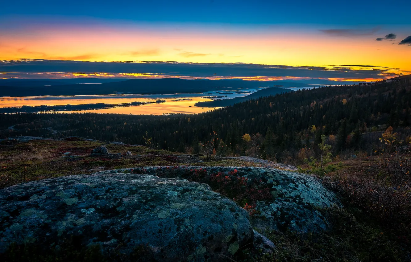 Фото обои осень, лес, небо, облака, озеро, горизонт, Швеция, Sweden