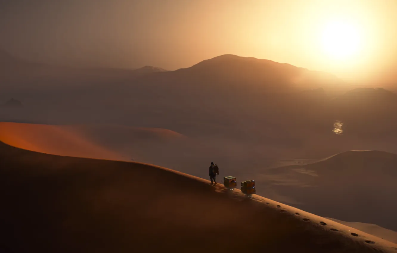 Фото обои пыль, дымка, dust, evening, sun, trailer, screenshot, dunes