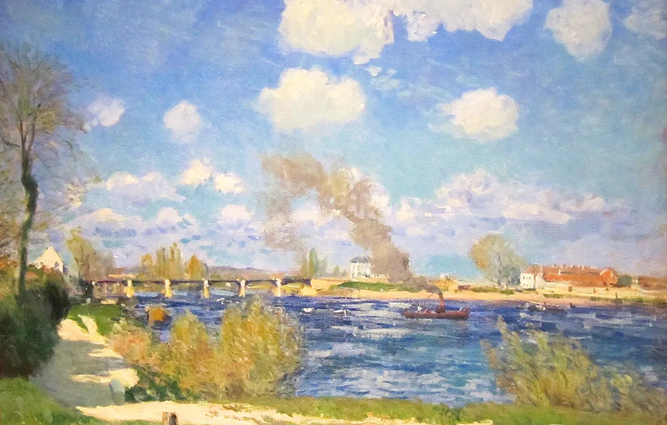 Фото обои небо, облака, мост, река, картина, весна, пароход, Alfred Sisley