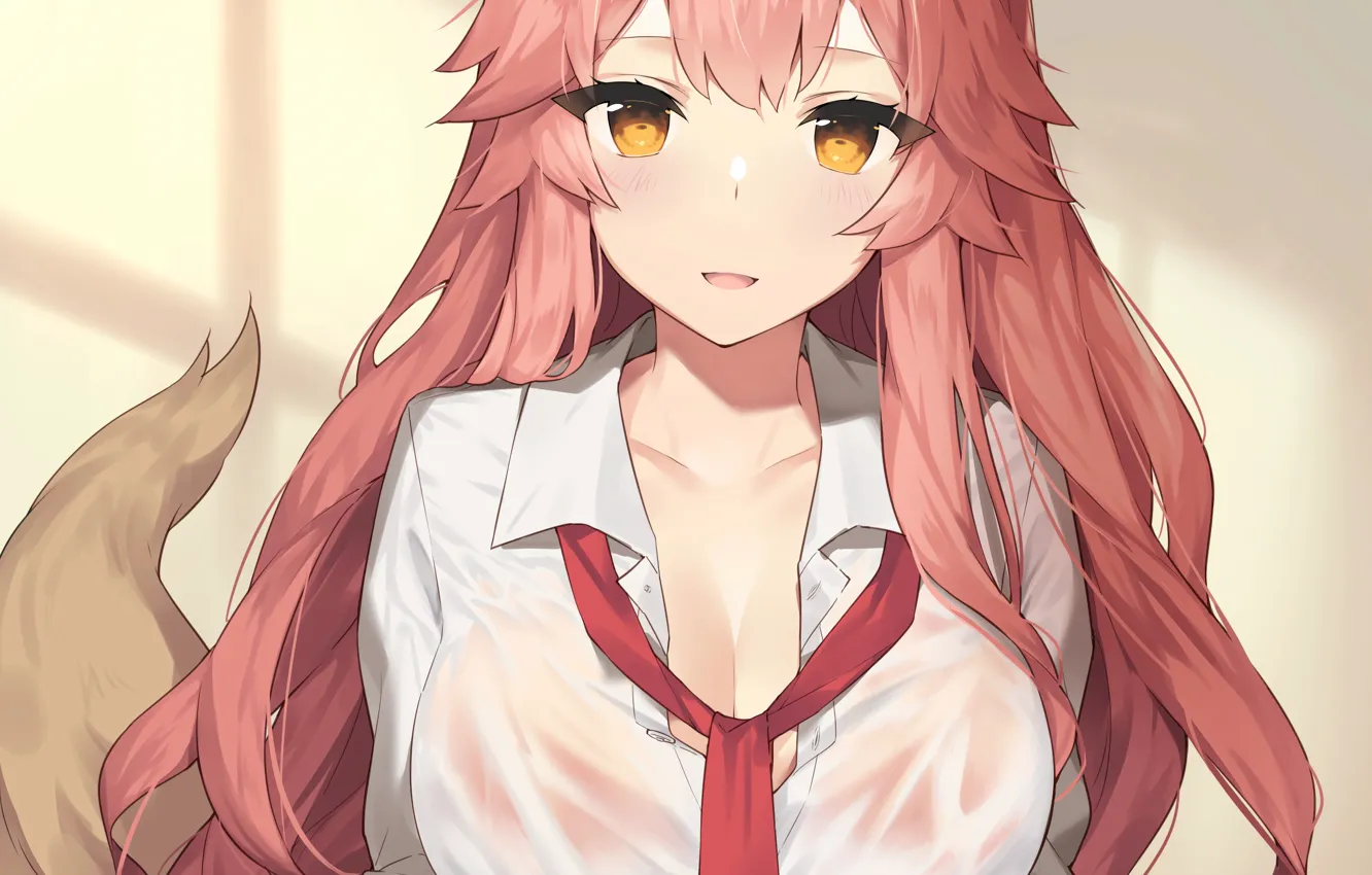 Фото обои girl, sexy, cleavage, pink hair, long hair, boobs, animal ears, anime