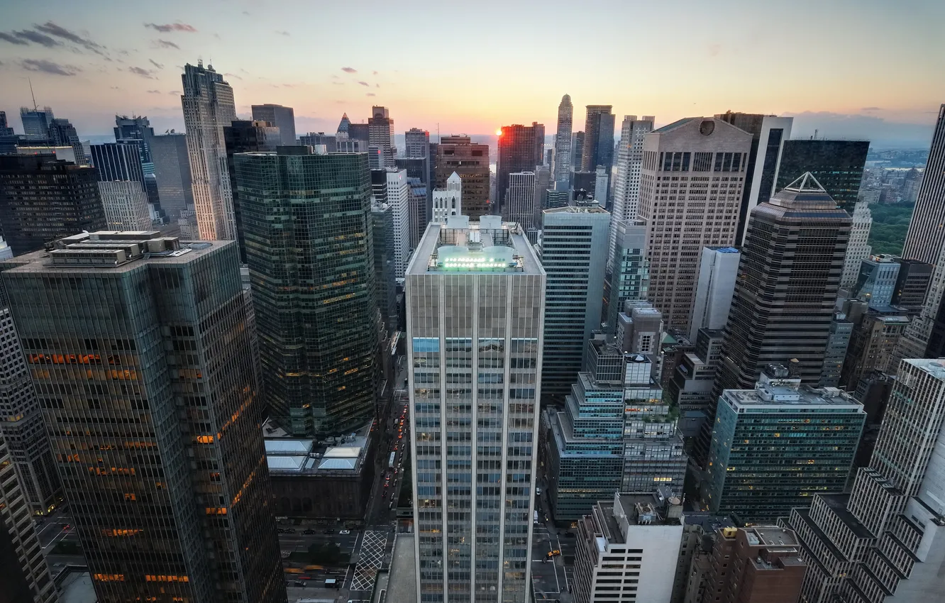 Фото обои город, Нью-Йорк, небоскребы, утро, США, Manhattan, мегополис