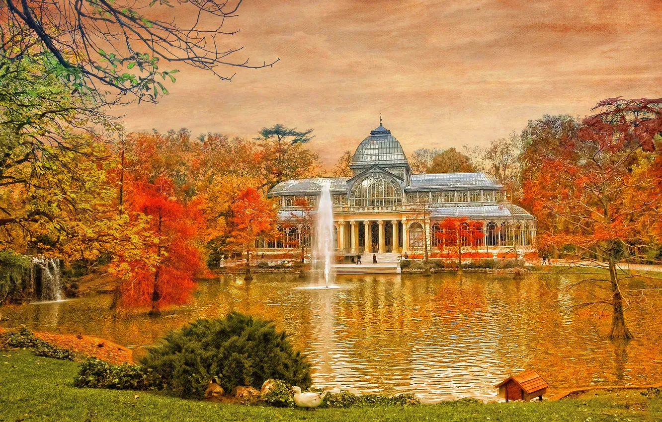 Фото обои осень, небо, деревья, пруд, парк, фонтан, холст, павильон