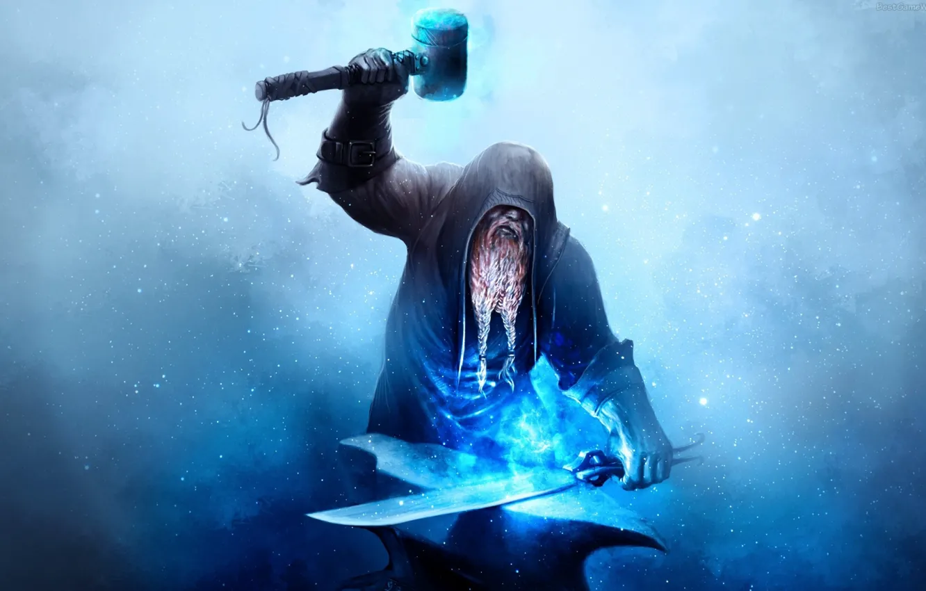 Фото обои metal, sword, magic, gloves, hammer, dwarf, beard, blue particles