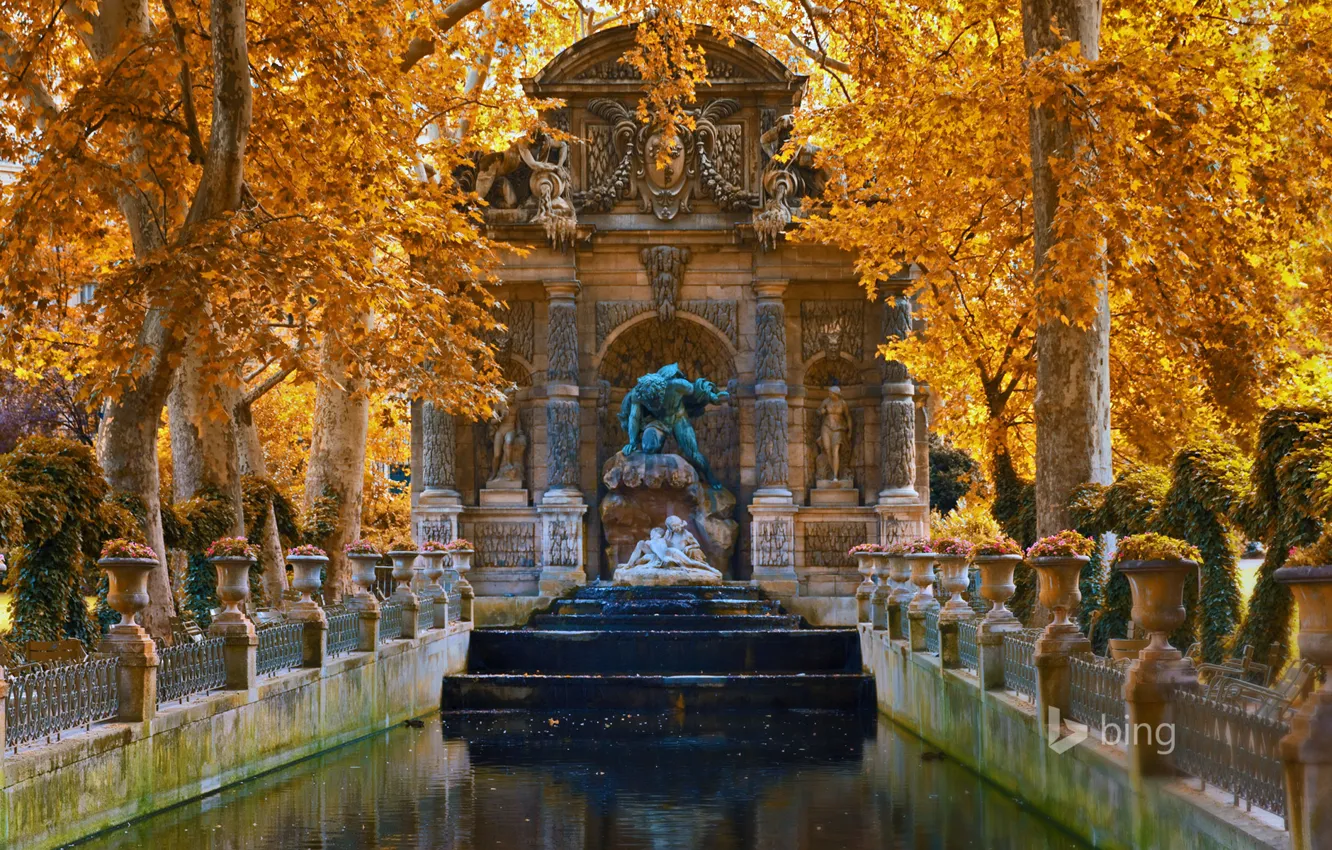 Фото обои осень, деревья, пейзаж, цветы, Франция, Париж, фонтан, Люксембургский сад