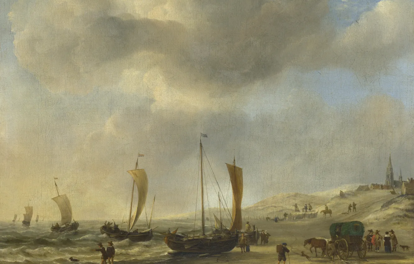 Фото обои лодка, картина, парус, Виллем ван де Велде Младший, Берег в Схевенингене, Willem van de Velde …
