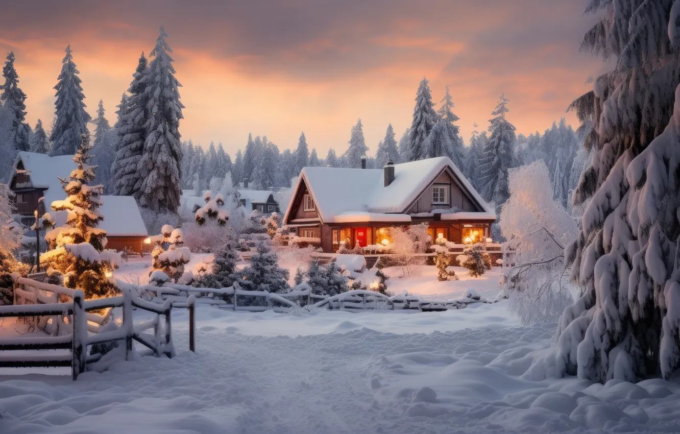 Фото обои зима, снег, деревня, домик, house, хижина, winter, snow