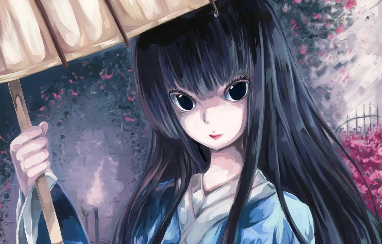 Фото обои глаза, девушка, цветы, зонт, аниме, арт, пояс, кимоно