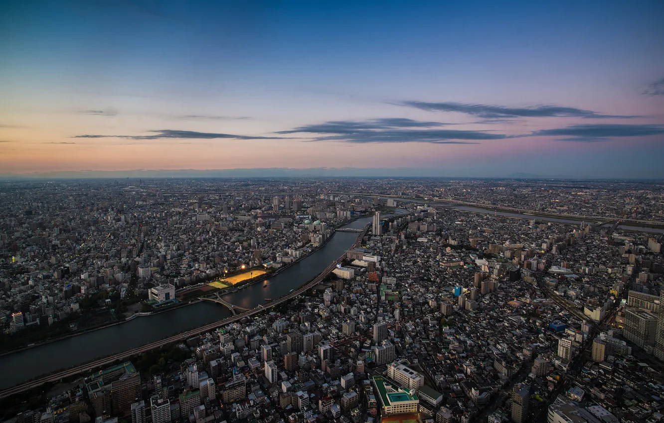 Фото обои город, река, вид, здания, Токио, River, Sumida