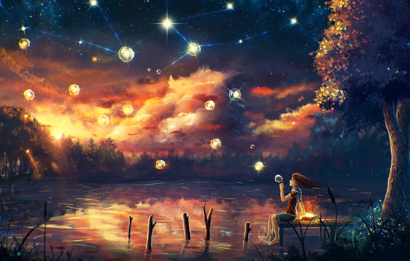Фото обои небо, звезды, ночь, озеро, девочка
