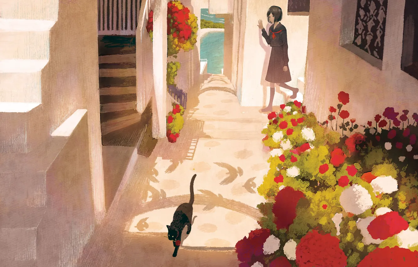 Фото обои кошка, девушка, цветы, коридор