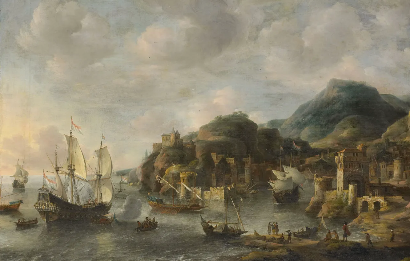 Фото обои пейзаж, масло, картина, холст, Ян Авраам Беерстратен, Jan Abrahamsz Beerstraten, 1658, Голландские корабли в заморских …