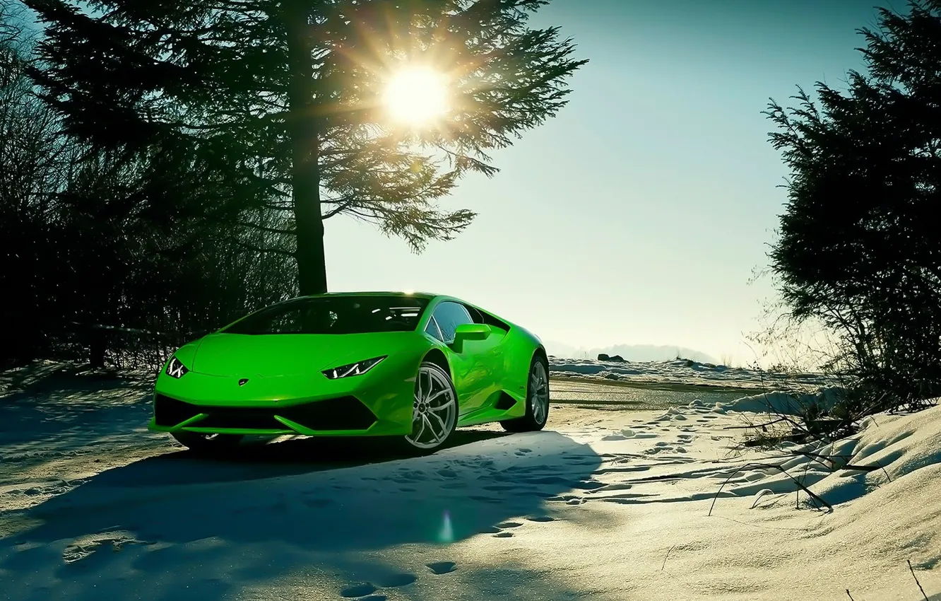 Фото обои Lamborghini, Sky, Green, Front, Sun, Color, Snow, Beauty