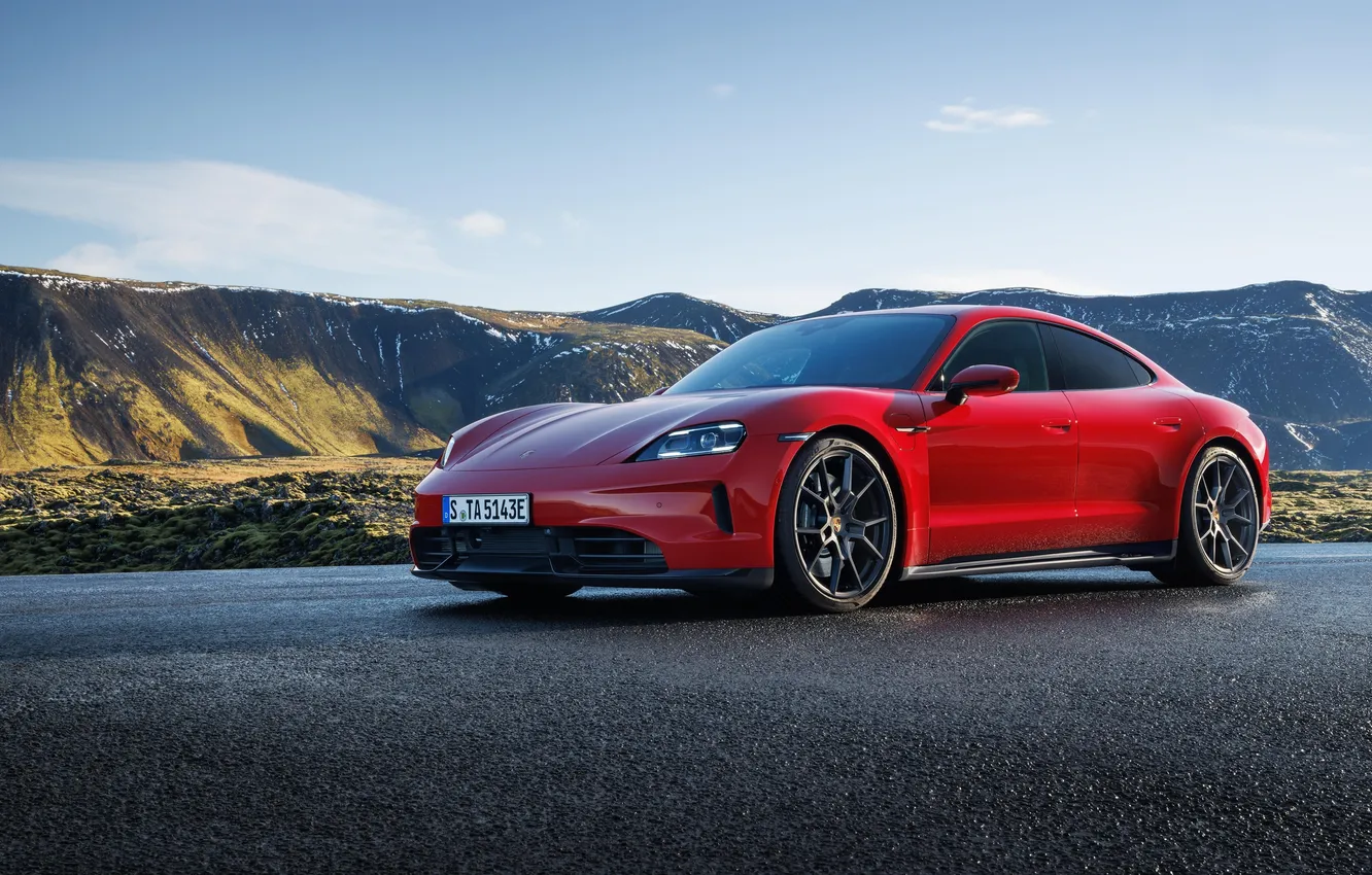 Фото обои Porsche, Red, Mountain, Road, Taycan, Porsche Taycan