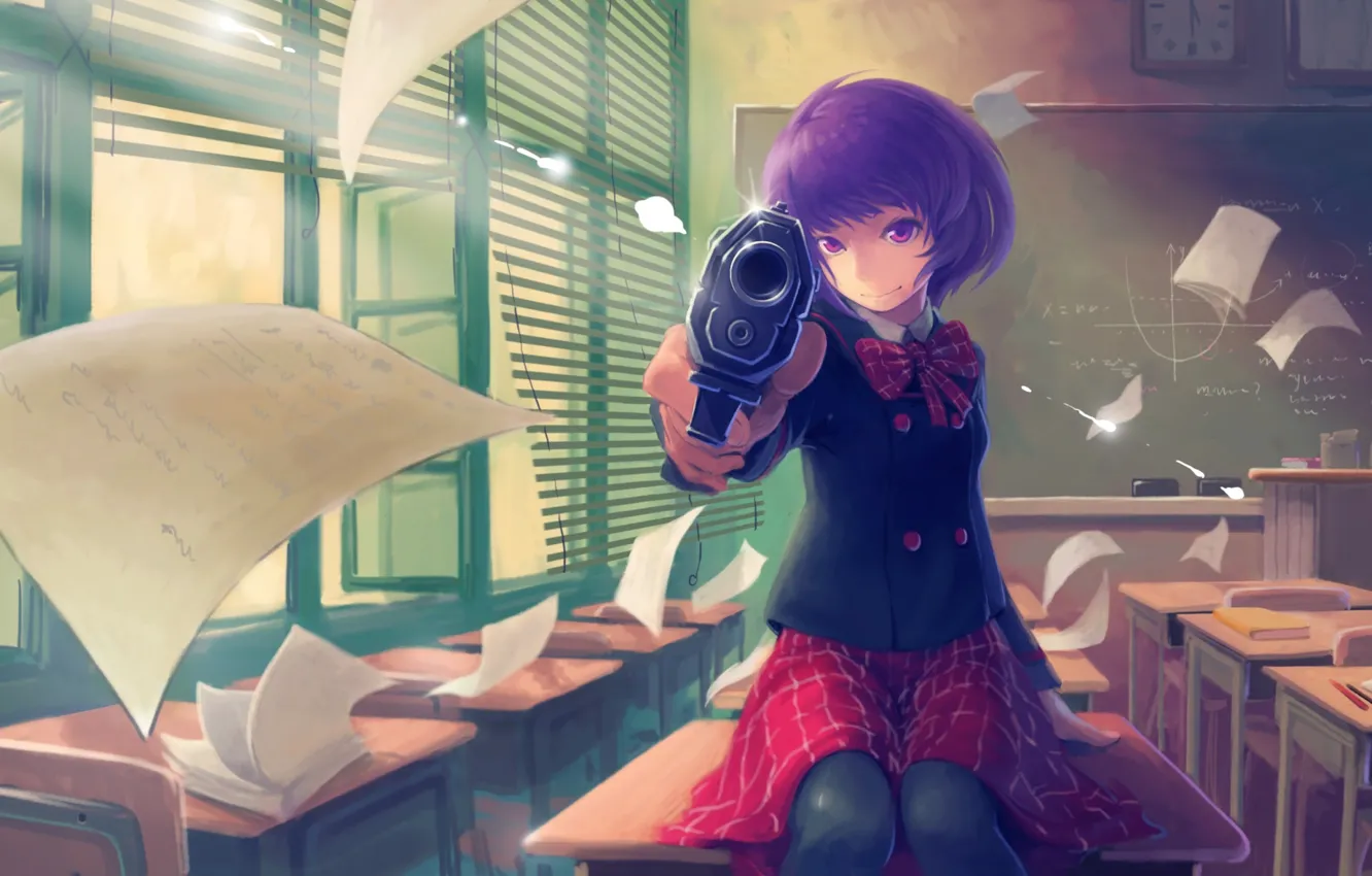 Фото обои Girl, Purple, Gun, Eyes, Seifuku
