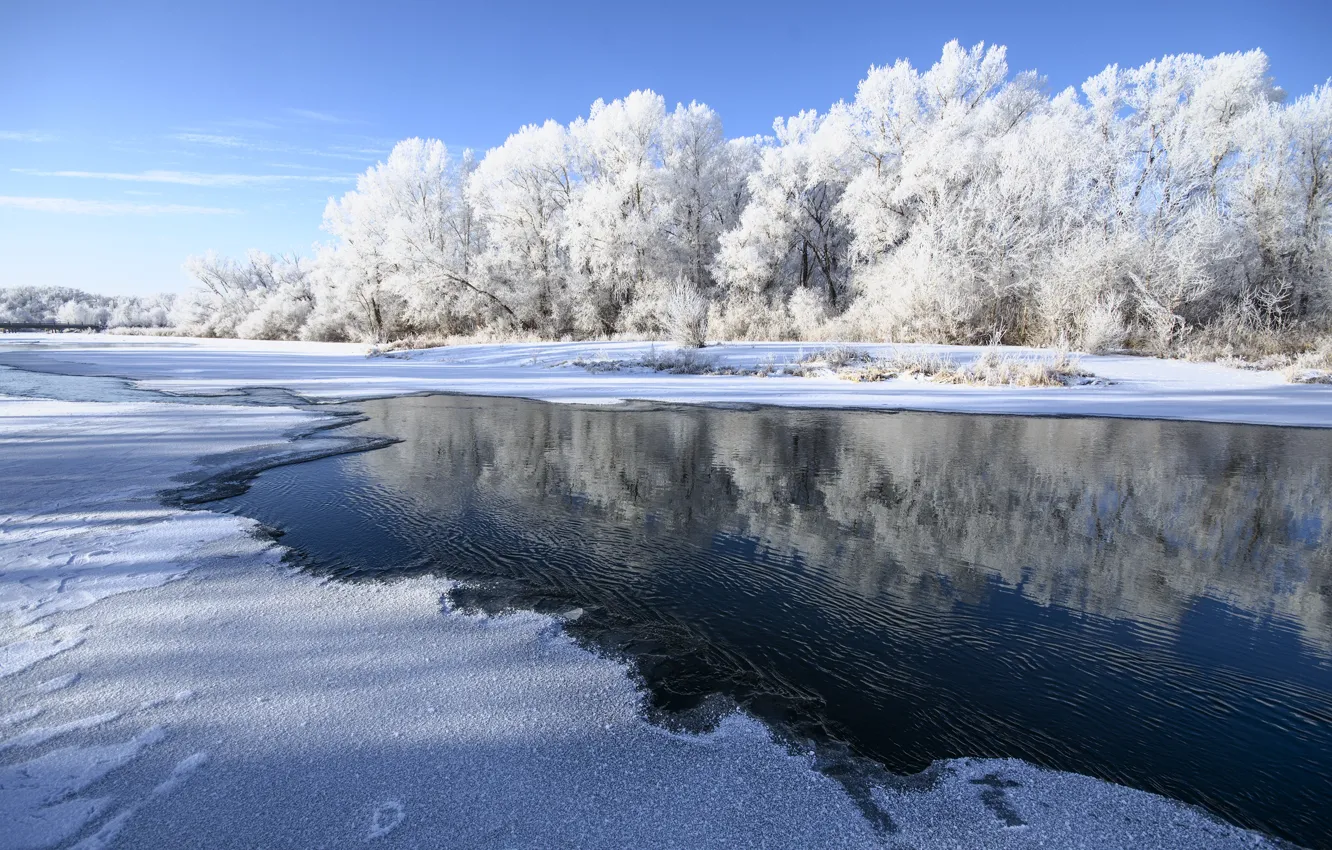 Фото обои зима, иней, небо, вода, снег, река, оренбуржье