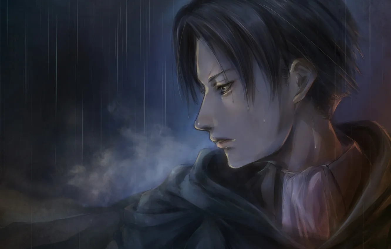 Фото обои взгляд, дождь, спокойствие, солдат, парень, art, shingeki no kyojin, rivaille