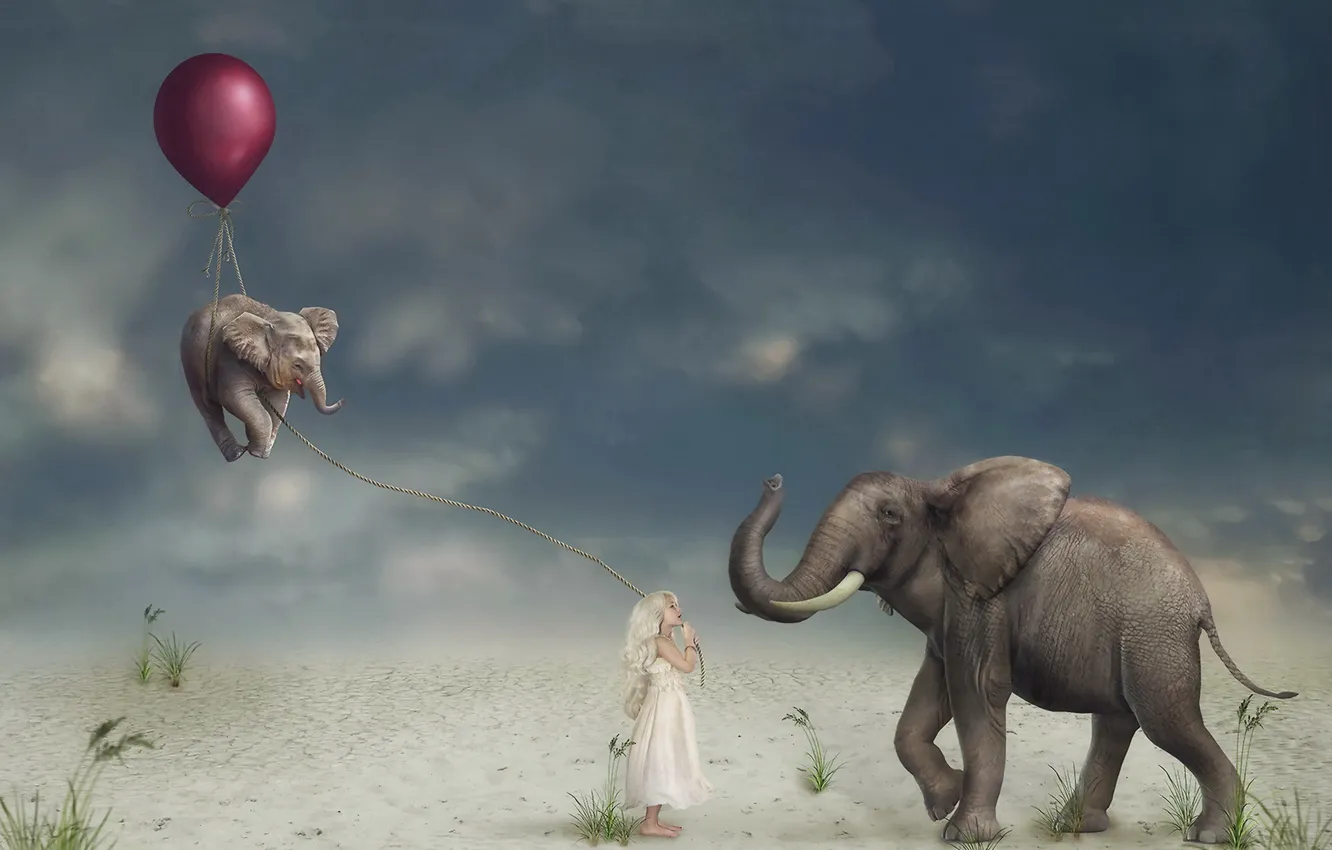 Фото обои шар, девочка, слоны